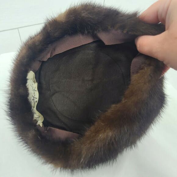 Vintage Pillbox Fur Hat Brown MCM Rhinestone Bling - Picture 4 of 6